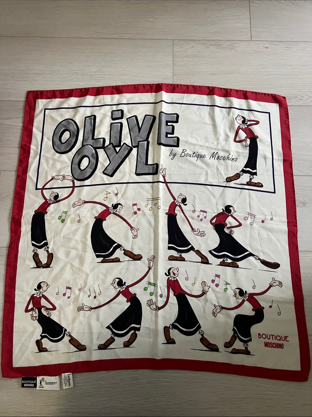 Moschino Cream Scarf Throw with Red Border and Olive Oyl Print